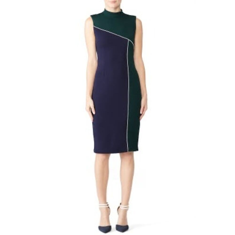 ALEXIA ADMOR Green Navy Colorblock Sleeveless Crepe Sheath Midi Dress Size M